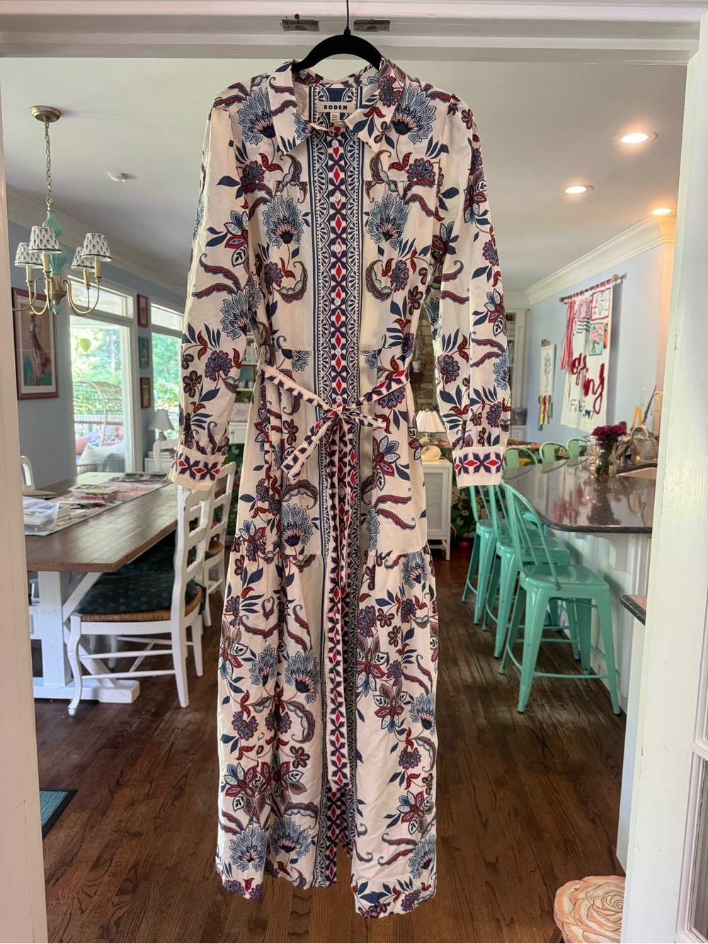 Boden Ellie Cotton Maxi Shirt Dress Elegant Blossom Placement Border Print
